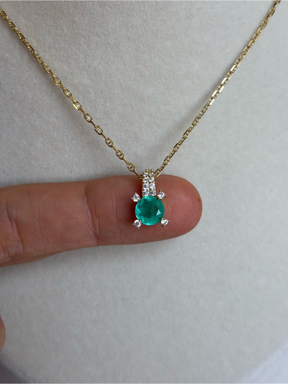 Gold Necklace with Emerald Green Round Pendant and Accent Stones